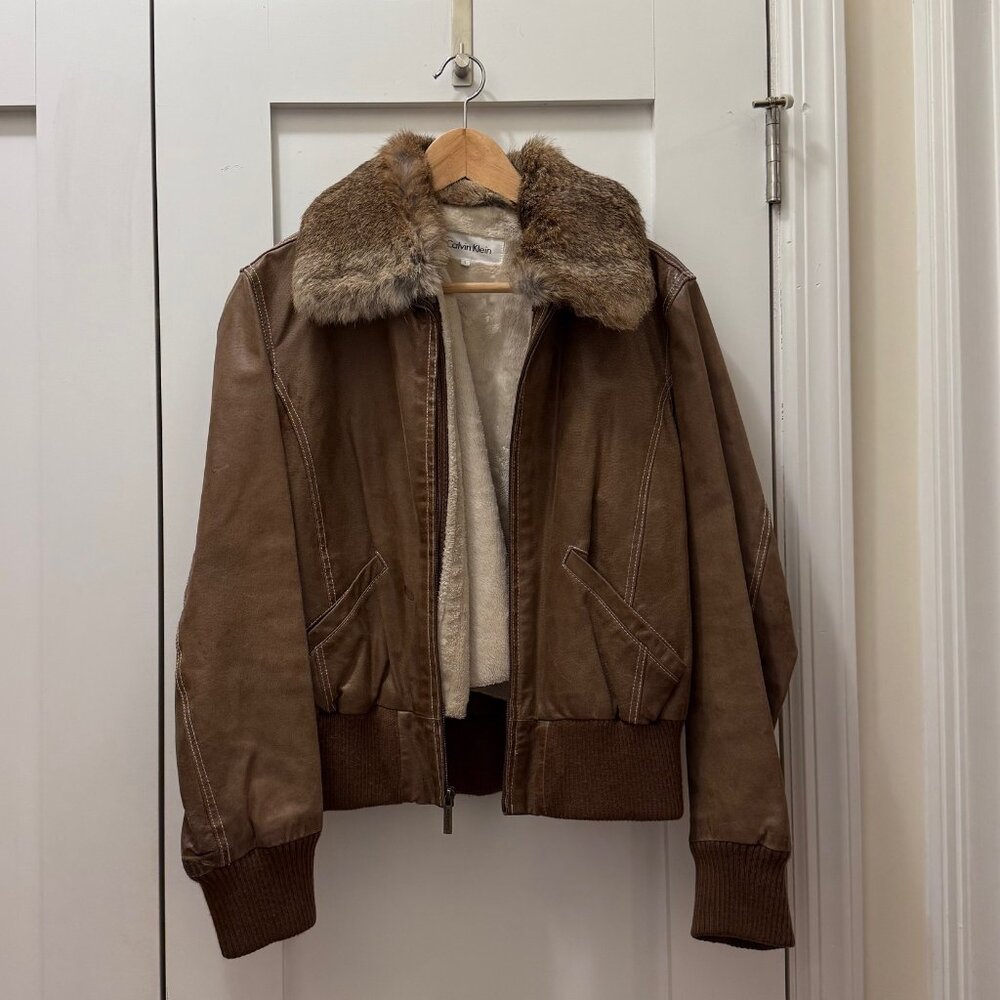 Calvin Klein brown leather bomber jacket with a removable fox fur collar